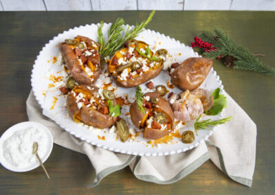 Souvlaki-Süßkartoffeln mit Feta und Chorizo